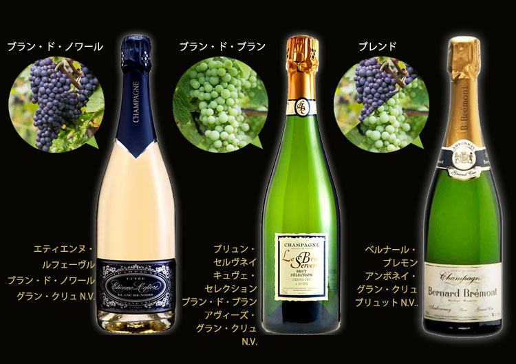 『ブラン・ド・ブラン』×『ブラン・ド・ノワール』×『ブレンド』、3種のスタイルを飲み比べてシャンパーニュの違いを知るセット